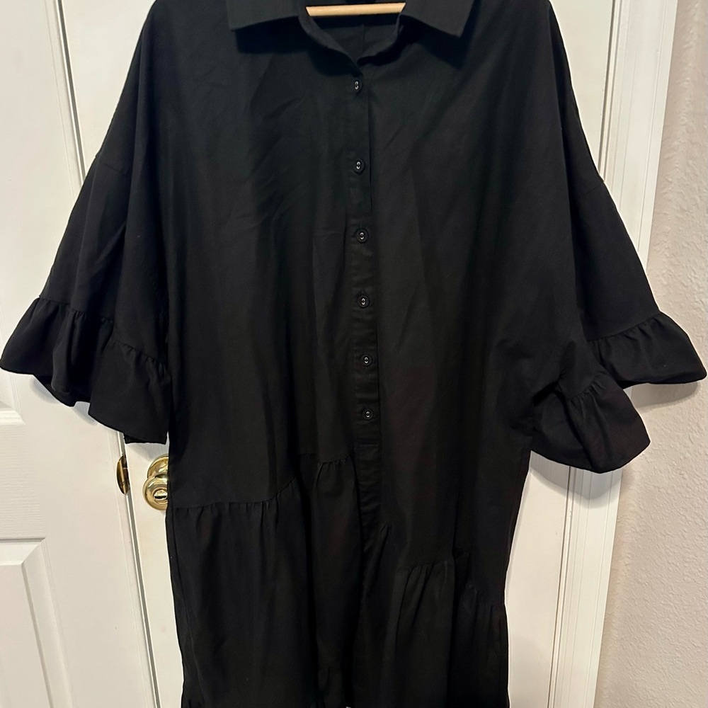 Black Button-Up Dress with Ruffled Sleeves plus size 22